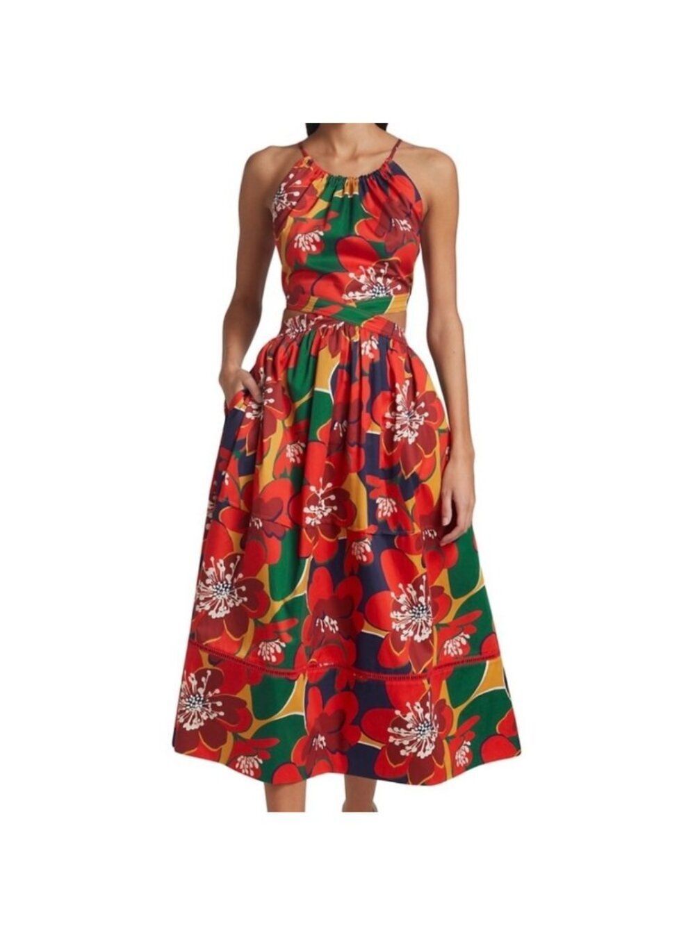Something Navy Red Multicolored Floral Cut-Out Midi Dress Size L